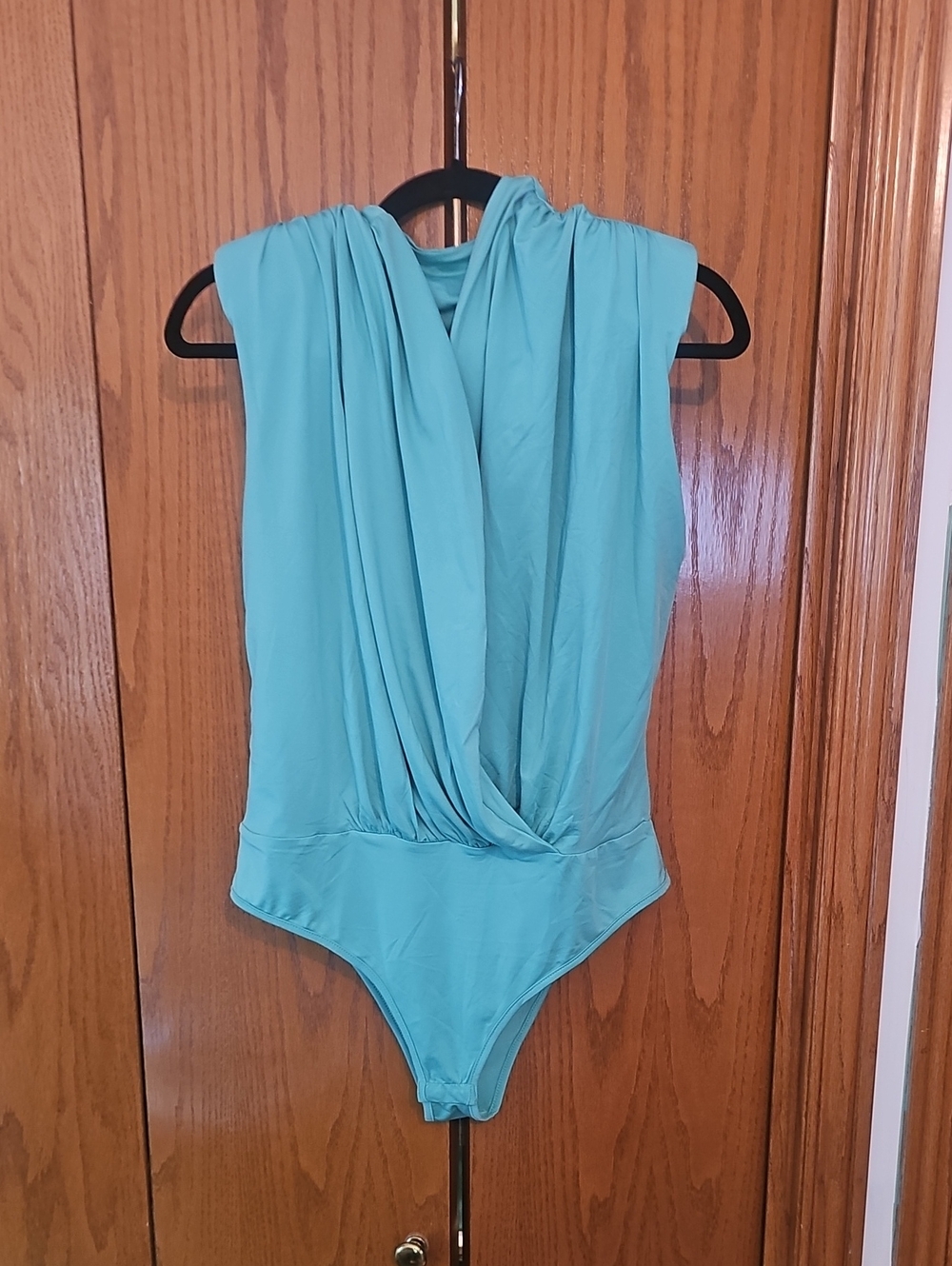 Draped V-Neck Bodysuit - Teal Blue